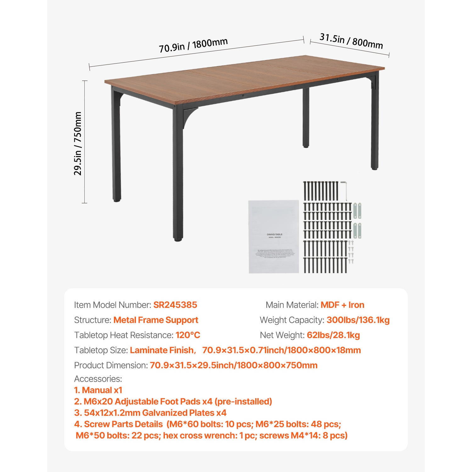 71in Rectangle Dining Table Wood Kitchen Table For 6-8 Person Brown (Only Table)_voghion.com